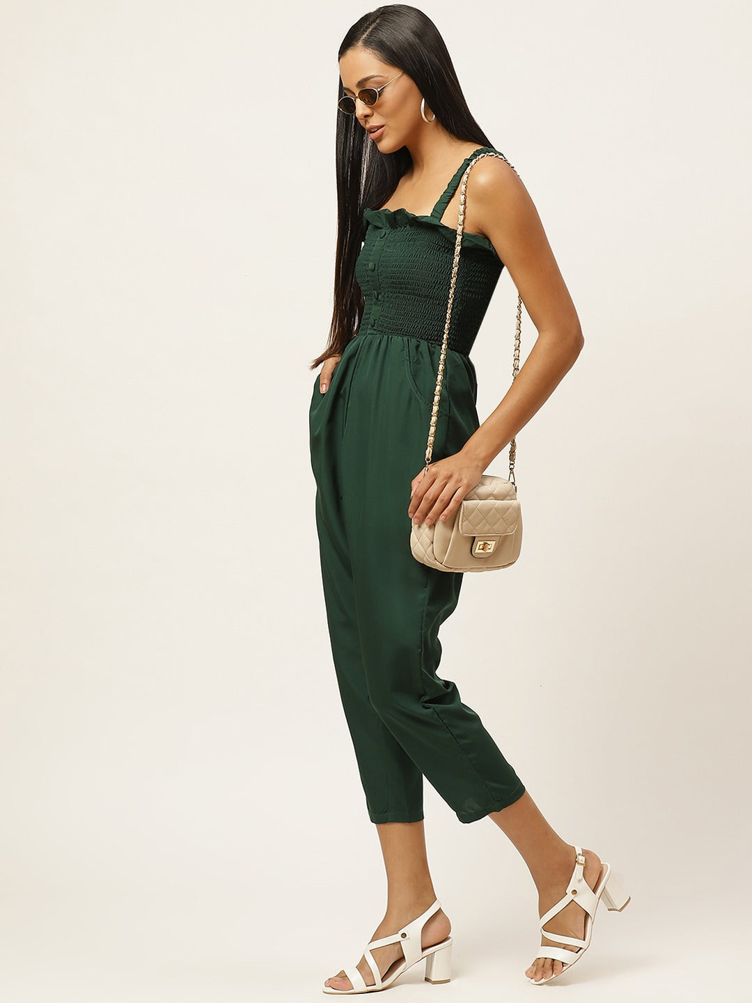 Women Green Self Design Smocked Capri Jumpsuit