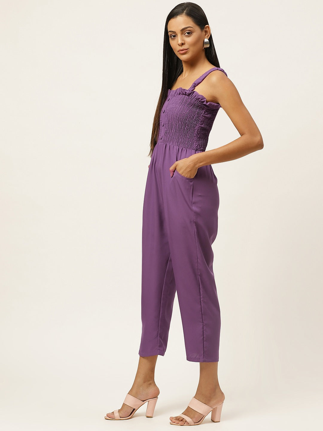 Women Purple Self Design Smocked Capri Jumpsuit