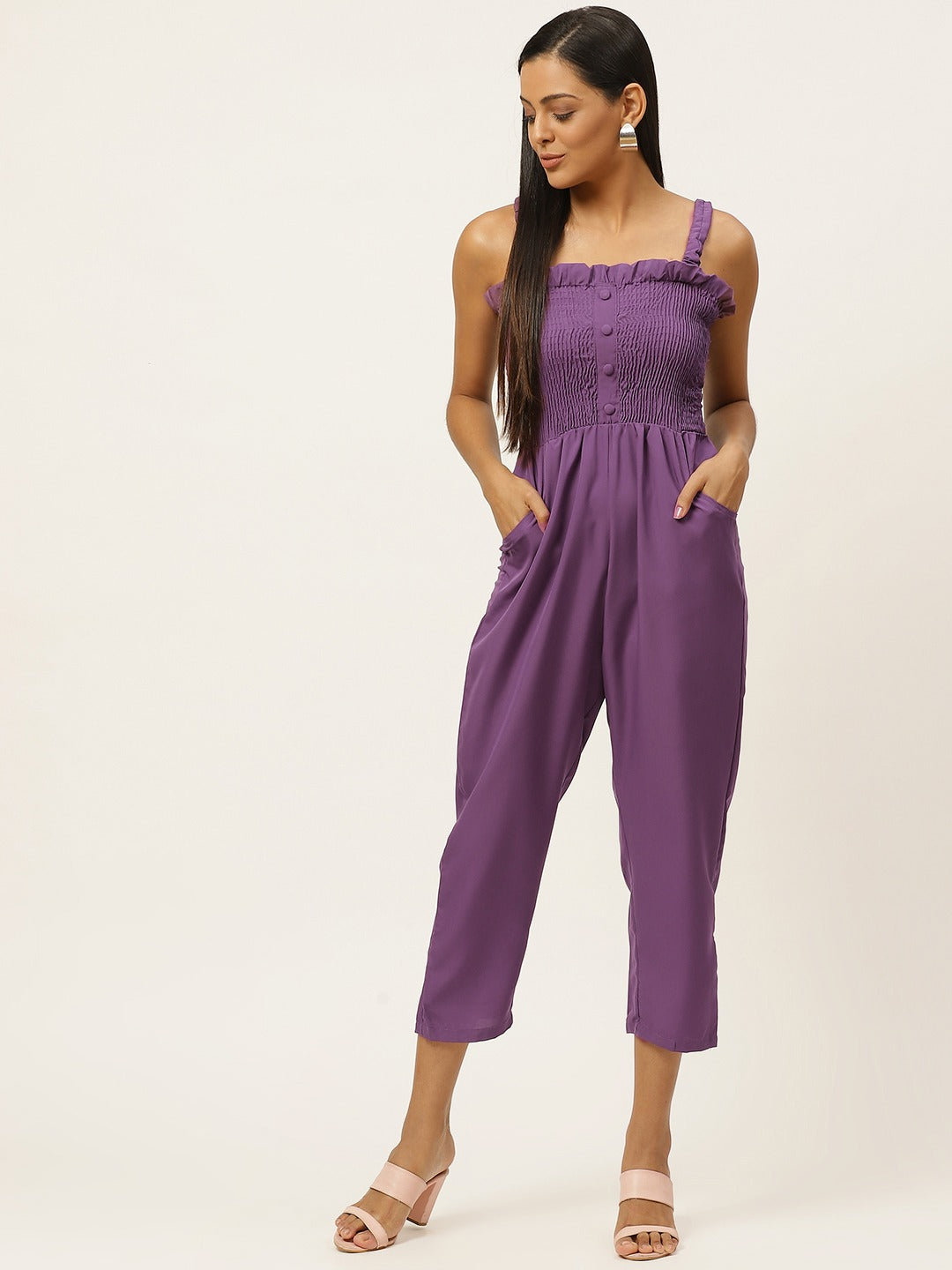 Women Purple Self Design Smocked Capri Jumpsuit