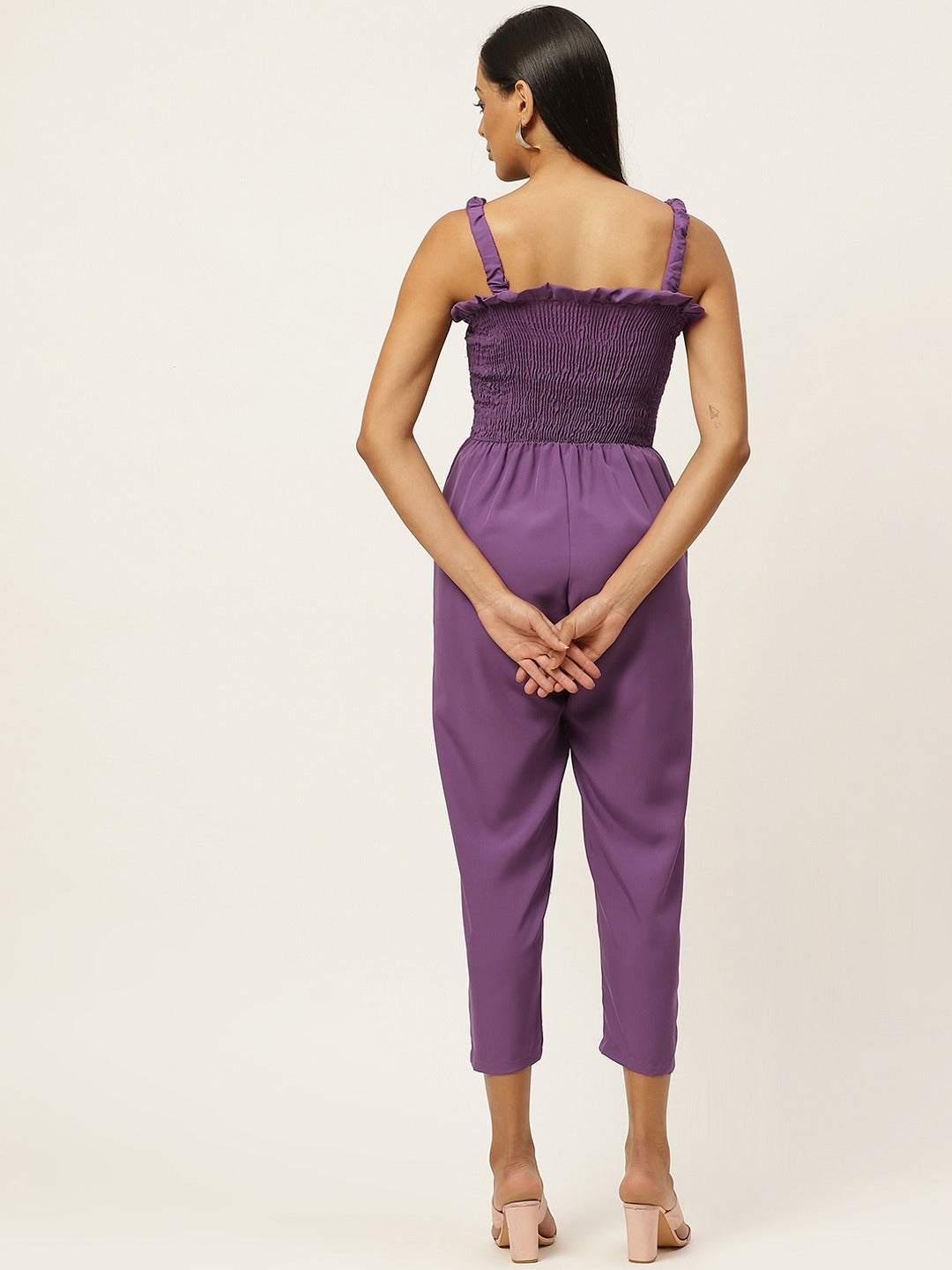 Women Purple Self Design Smocked Capri Jumpsuit