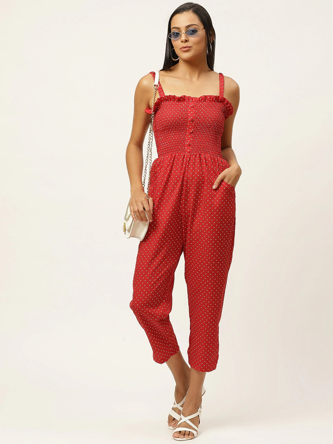 Women Red & White Polka Dot Print Smocked Capri Jumpsuit