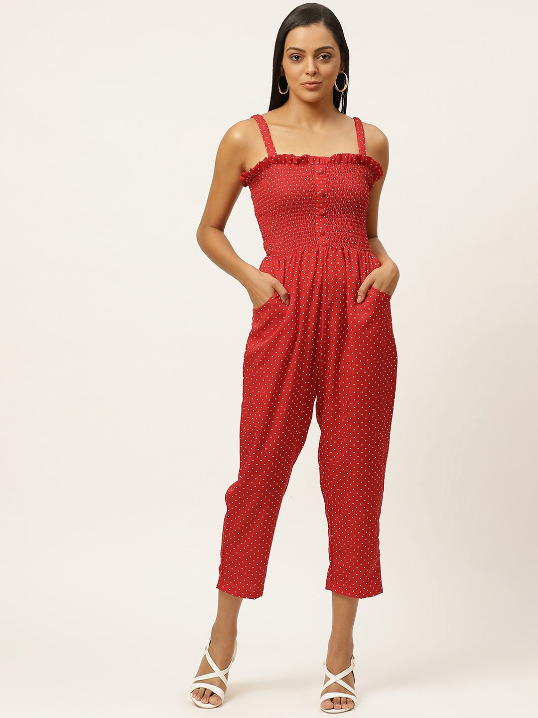 Women Red & White Polka Dot Print Smocked Capri Jumpsuit