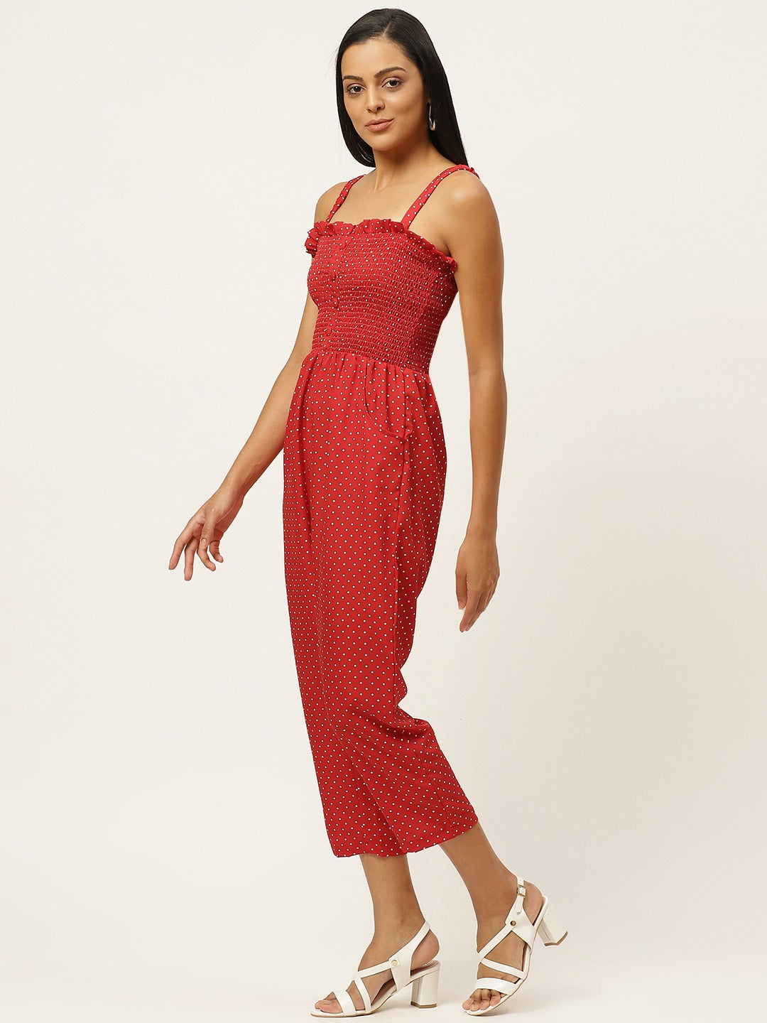 Women Red & White Polka Dot Print Smocked Capri Jumpsuit