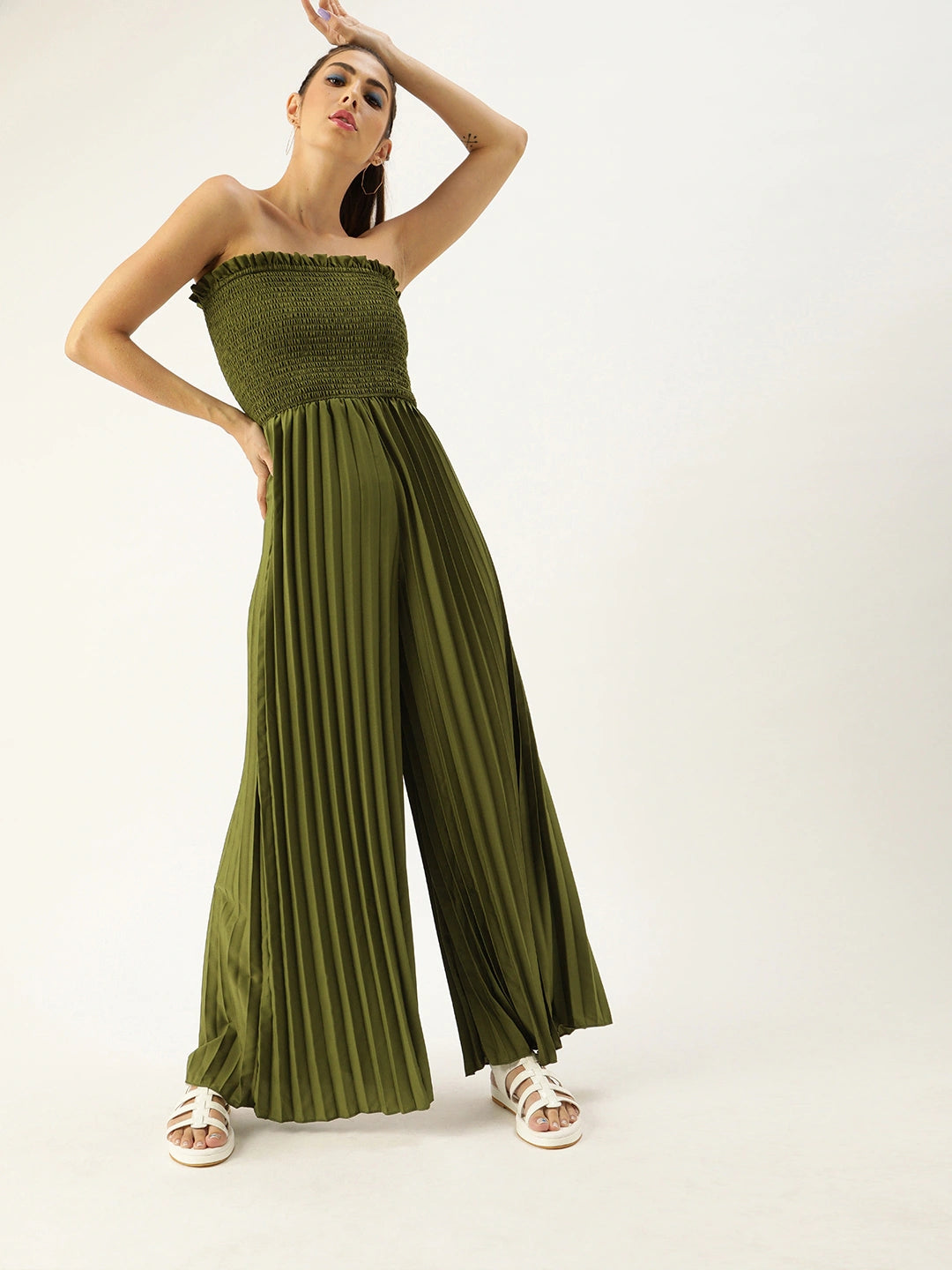 Women Olive Green Solid Accordion Pleated Smocked Basic Jumpsuit