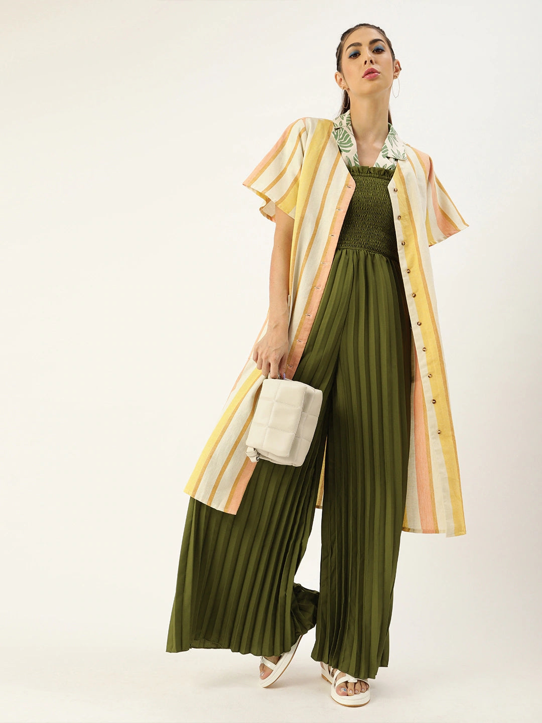 Women Olive Green Solid Accordion Pleated Smocked Basic Jumpsuit