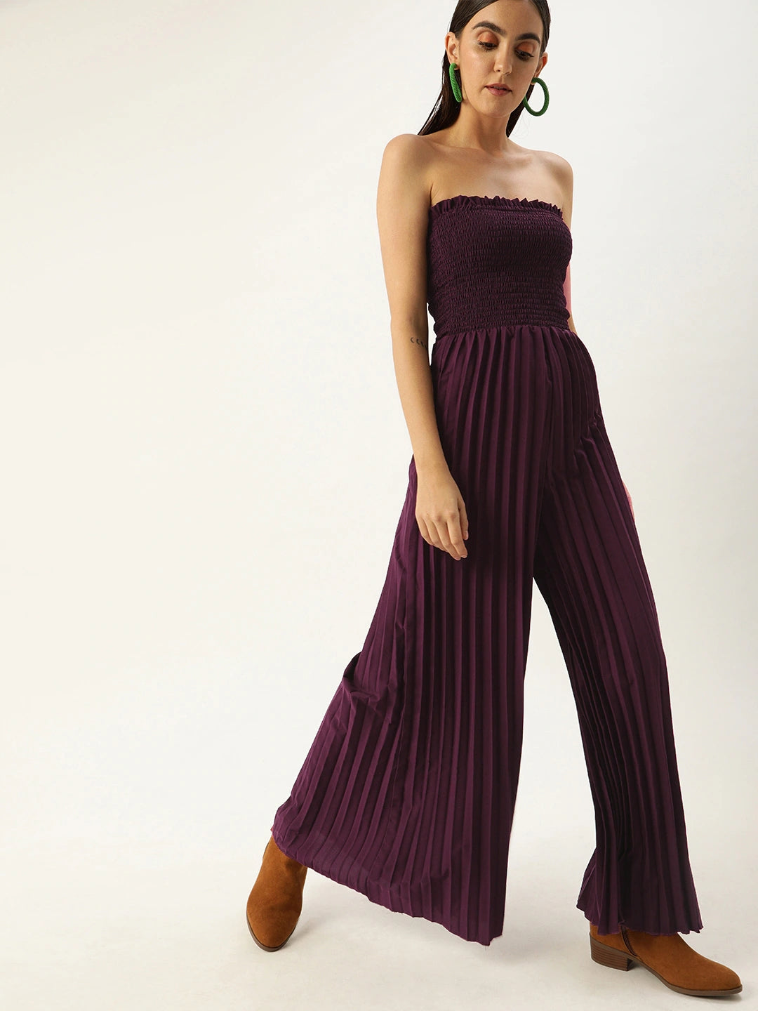 Women Purple Solid Accordion Pleated Smocked Basic Jumpsuit