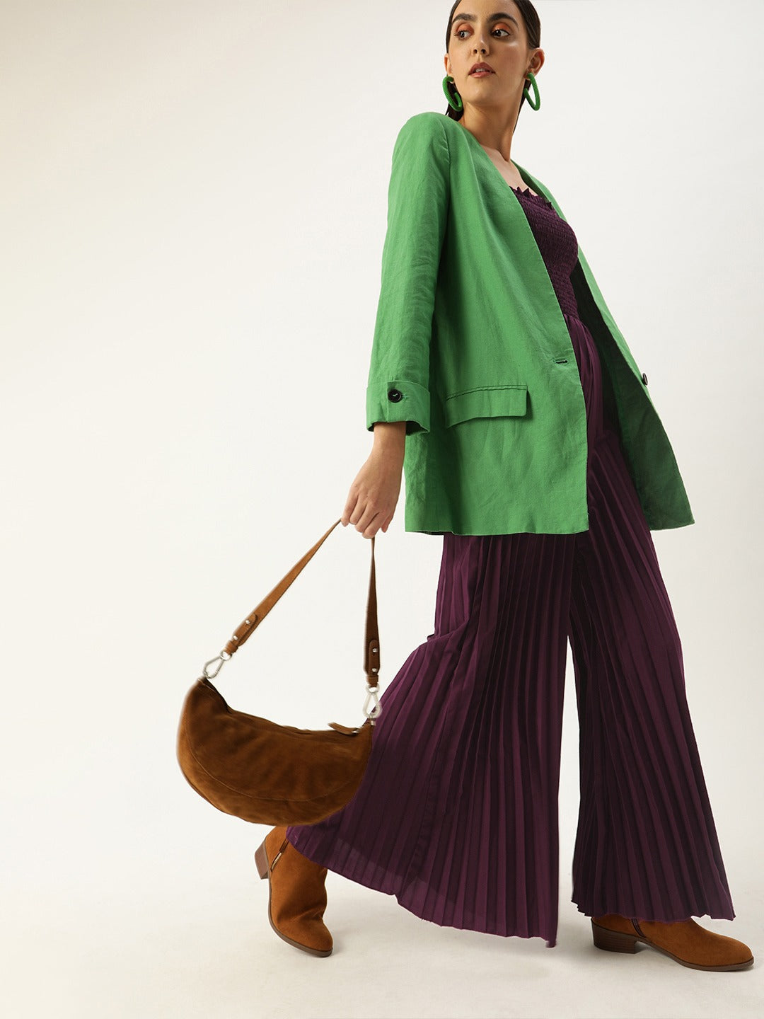 Women Purple Solid Accordion Pleated Smocked Basic Jumpsuit