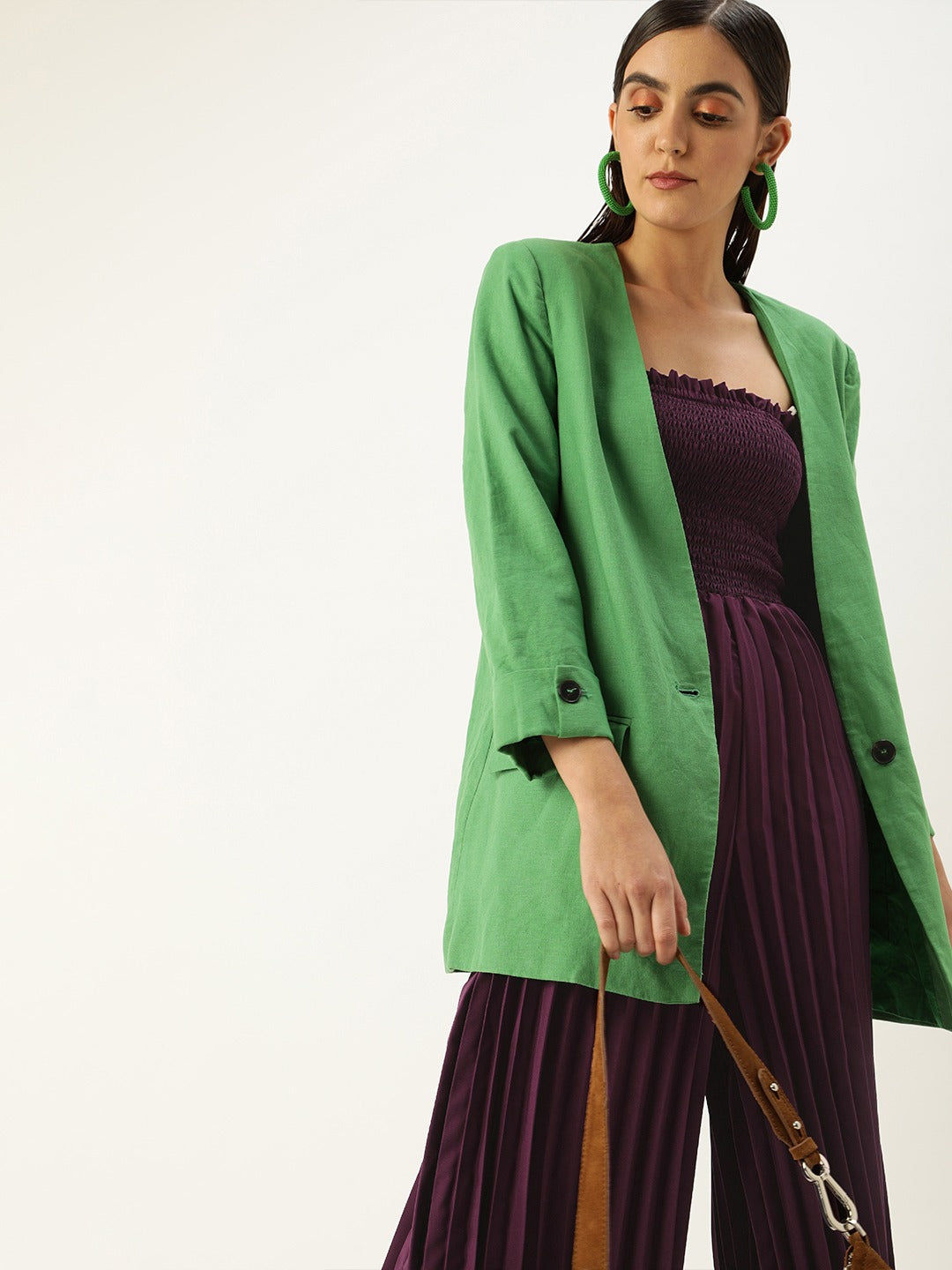 Women Purple Solid Accordion Pleated Smocked Basic Jumpsuit