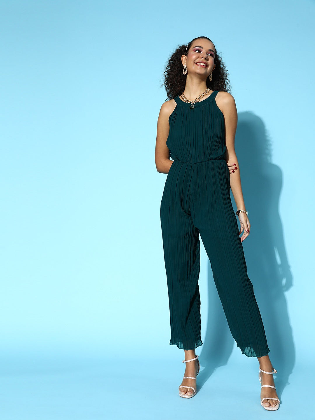 Women Tranquil Teal Solid Pleated Form Jumpsuit