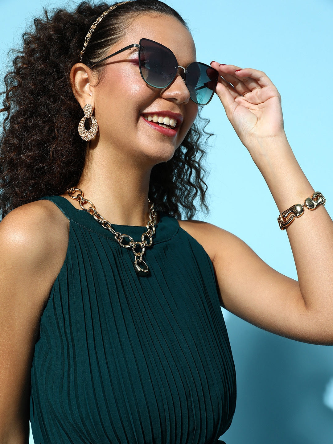 Women Tranquil Teal Solid Pleated Form Jumpsuit