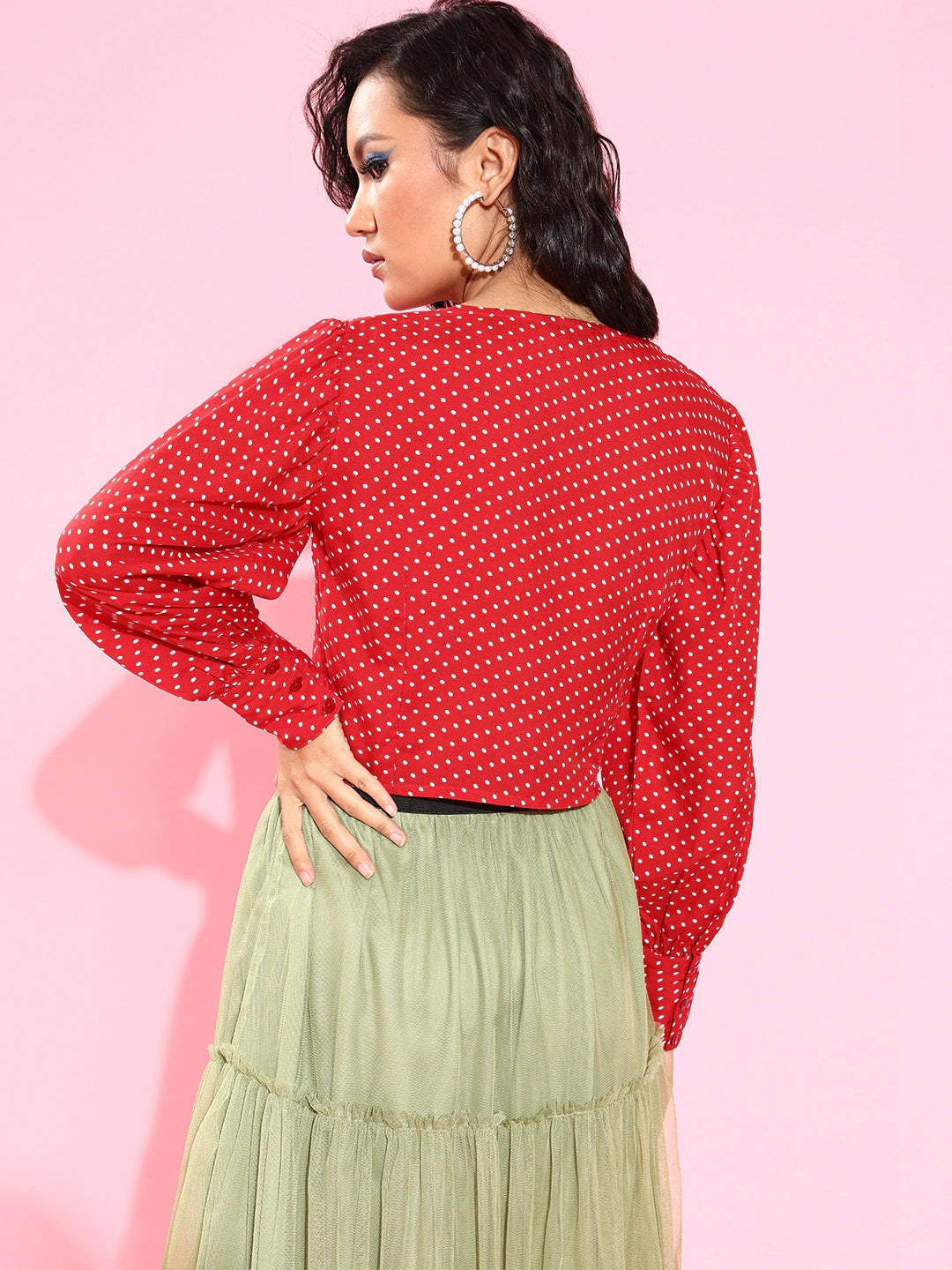 Women Red & White Polka Dot Print Sweetheart Neck Power Shoulders Crop Top