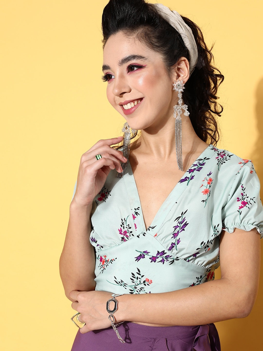 Sea Green Floral Twist & Knot Top