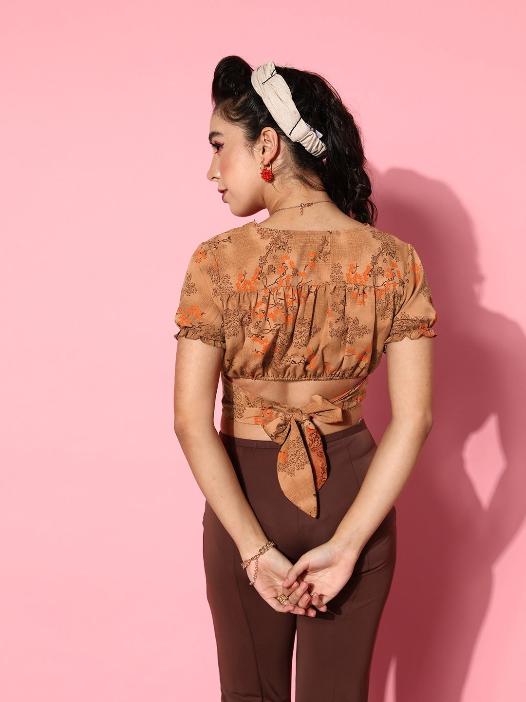 Brown Floral Twist & Knot Top