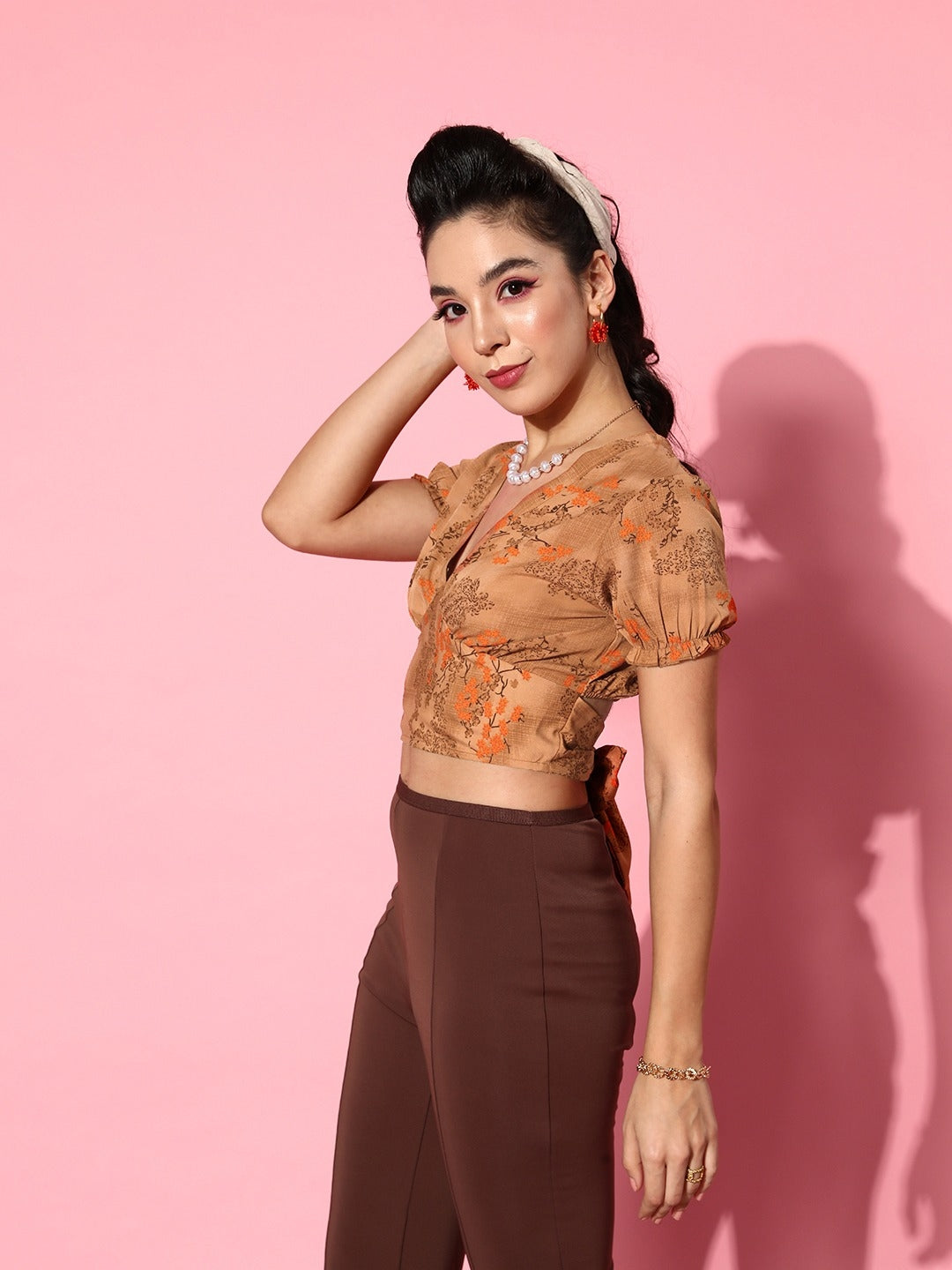 Brown Floral Twist & Knot Top