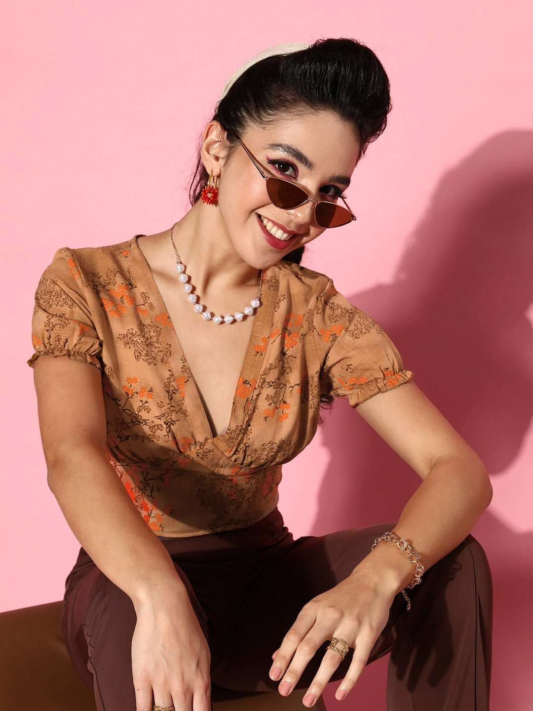 Brown Floral Twist & Knot Top