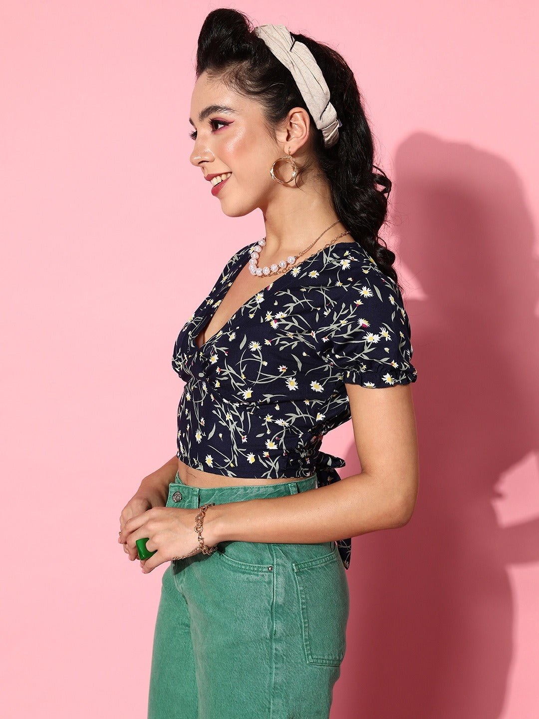 Navy Blue Floral Twist & Knot Top