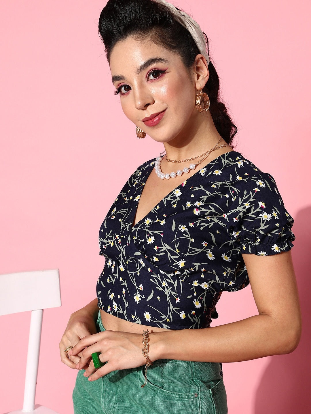 Navy Blue Floral Twist & Knot Top