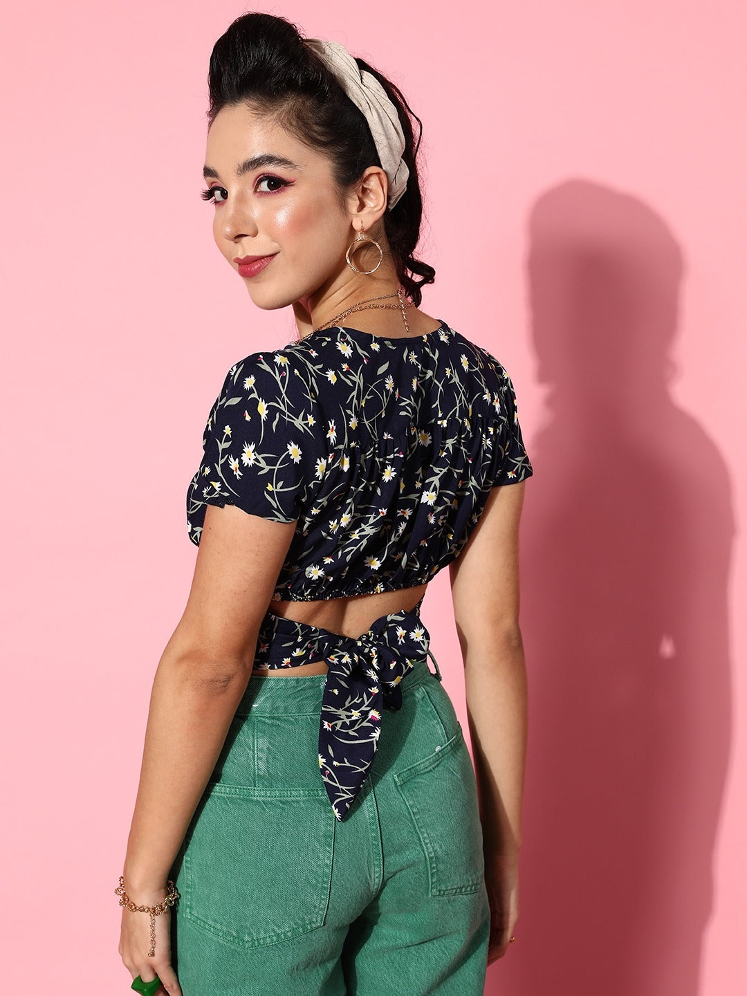 Navy Blue Floral Twist & Knot Top