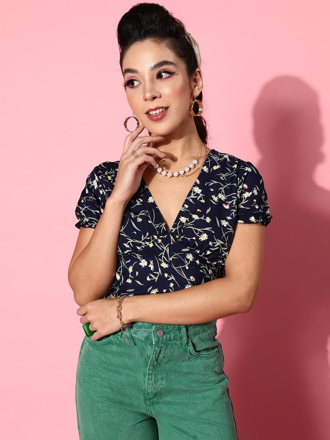 Navy Blue Floral Twist & Knot Top