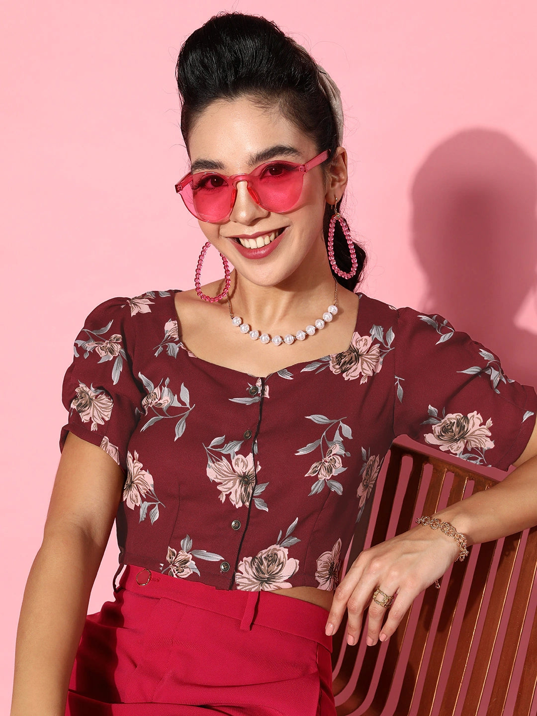 Charming Maroon Floral Vacay Attire