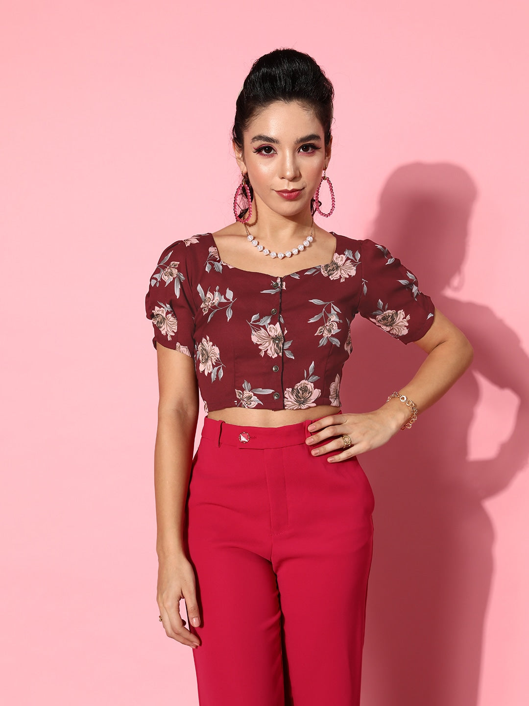 Charming Maroon Floral Vacay Attire