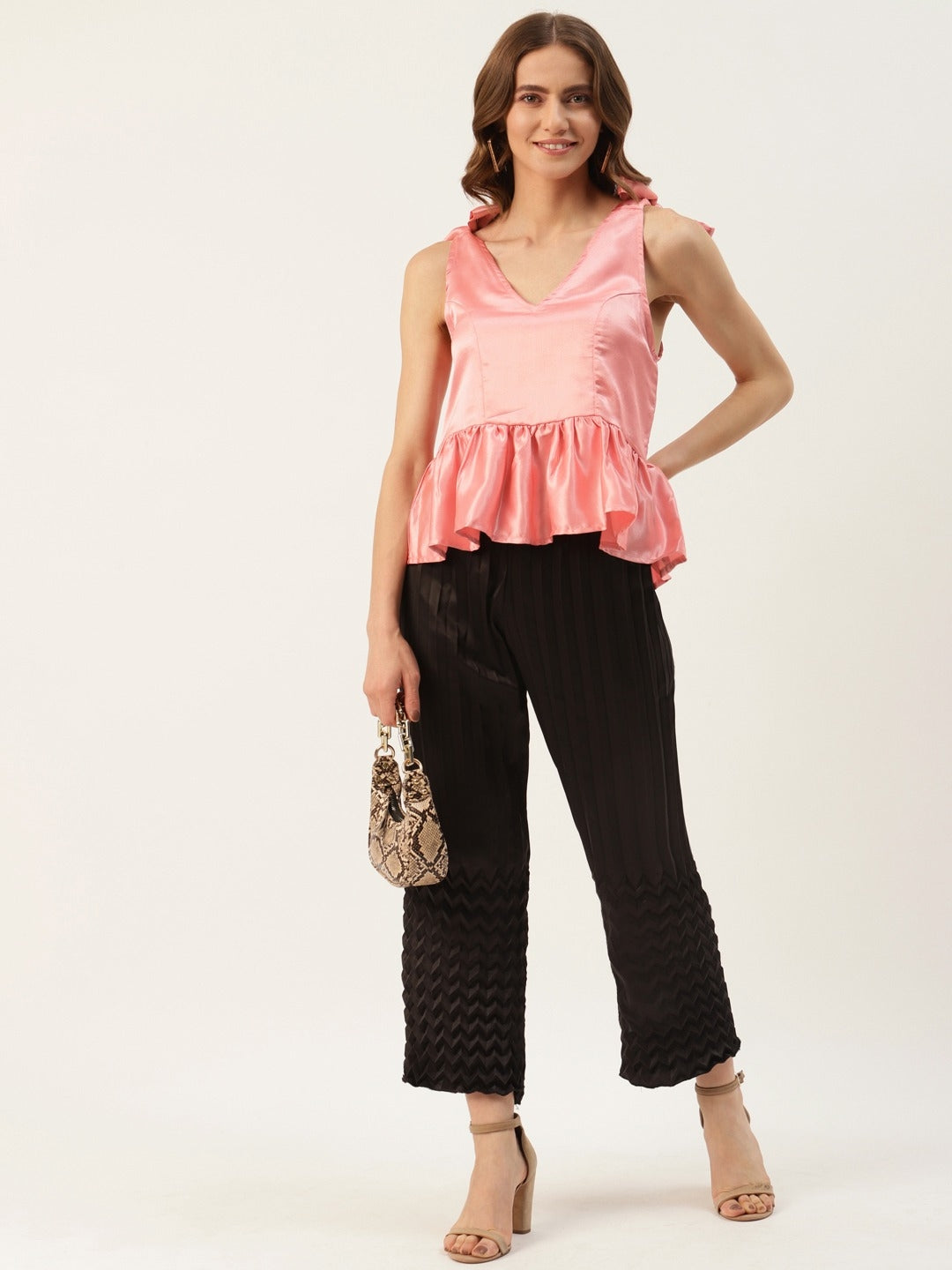 Women Pink Solid Crepe Peplum Top