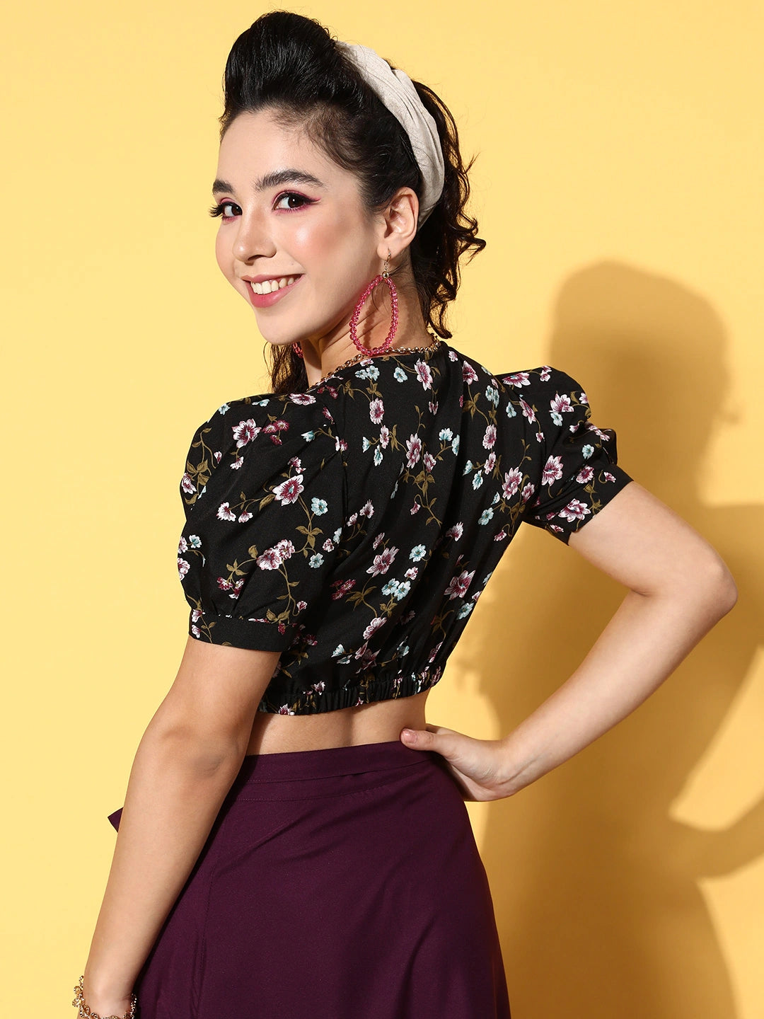 Black Floral Bustier Crop Top