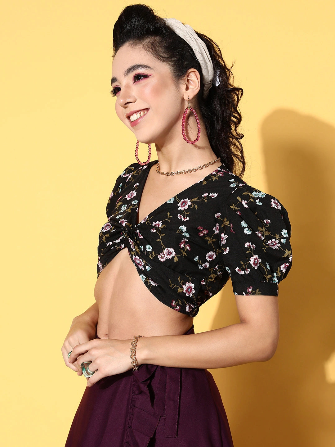 Black Floral Bustier Crop Top