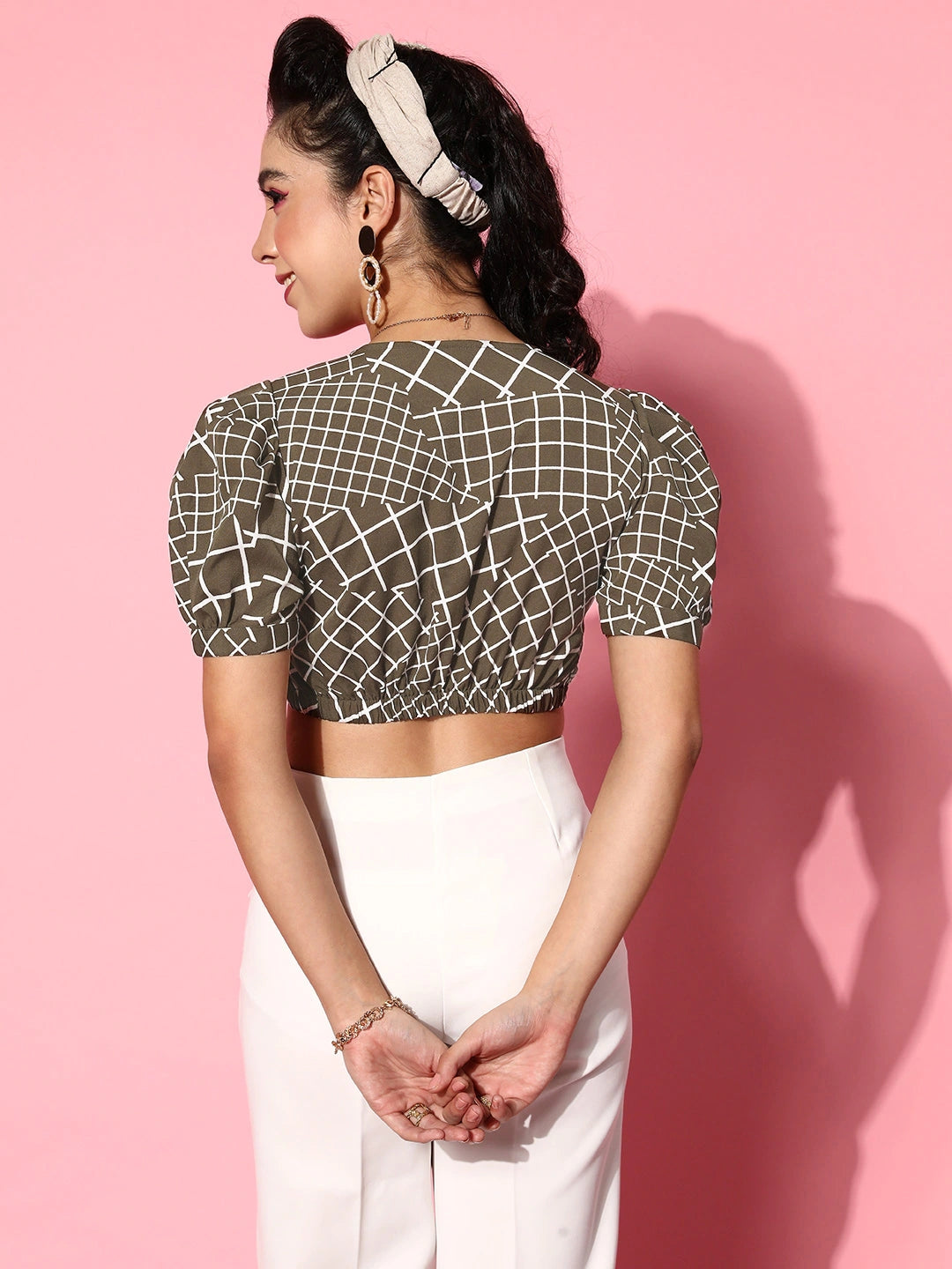 Olive Checked Bustier Crop Top