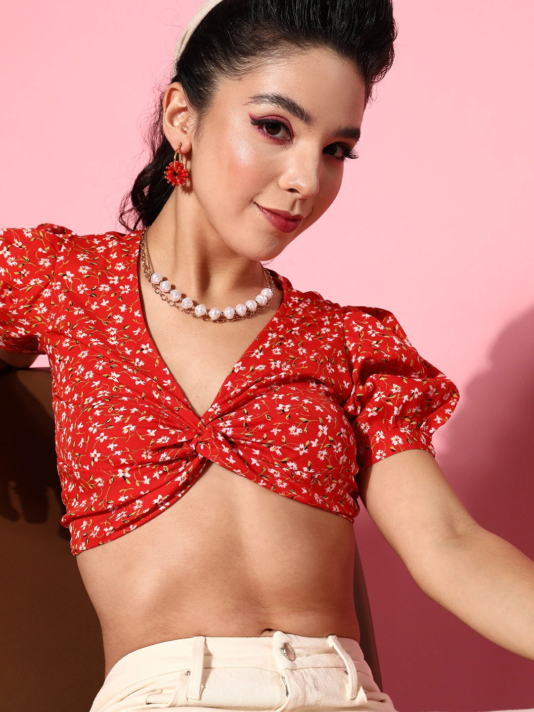 Charming Red Floral Bustier Crop Top