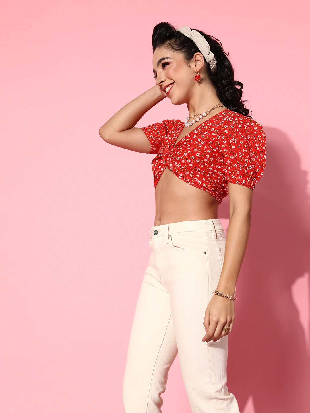 Charming Red Floral Bustier Crop Top