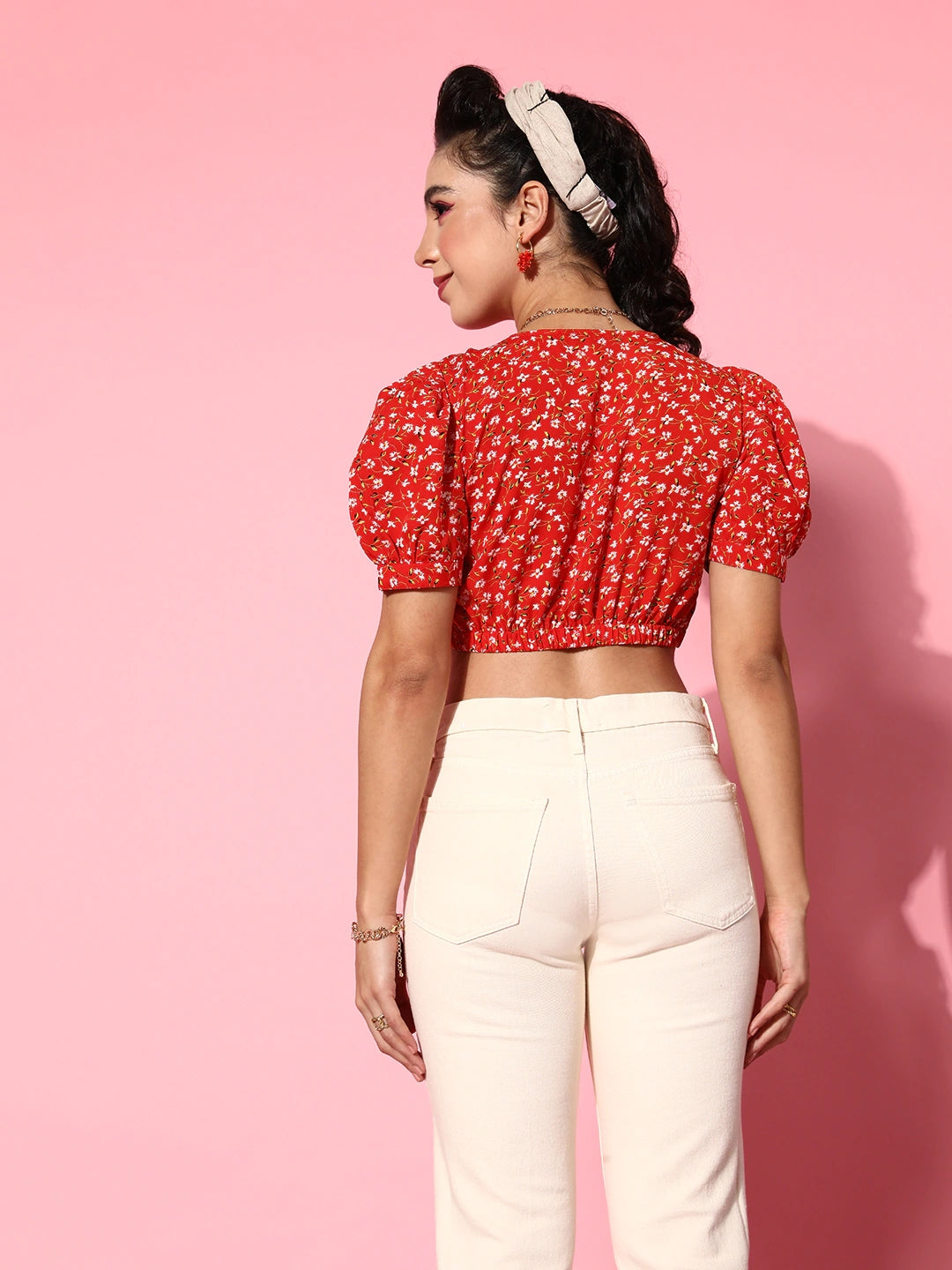 Charming Red Floral Bustier Crop Top
