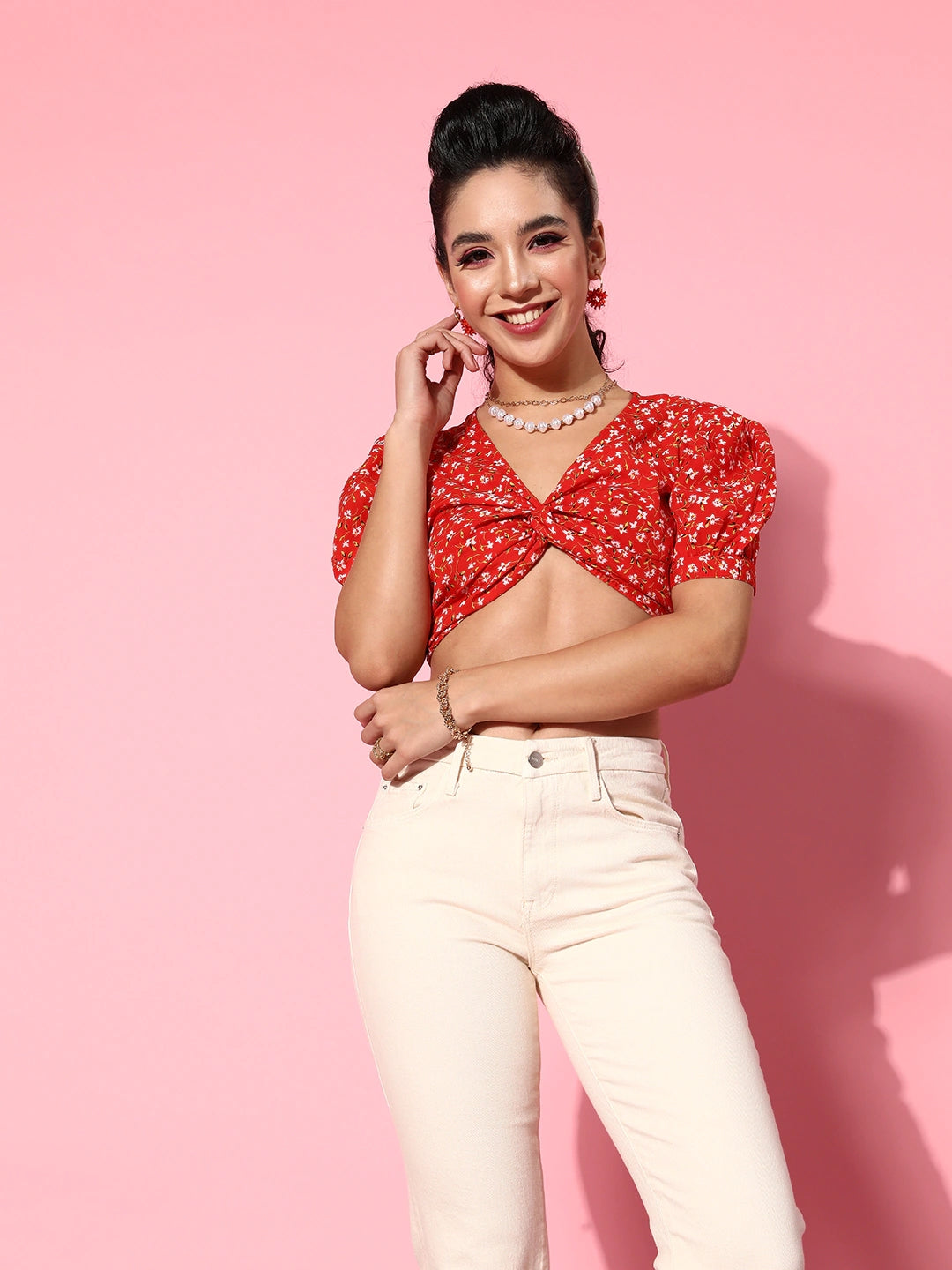 Charming Red Floral Bustier Crop Top