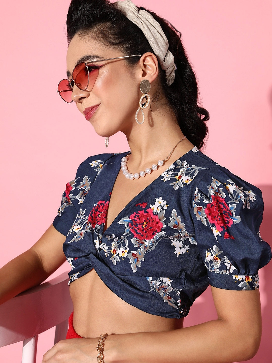 Navy Blue Floral Bustier Crop Top