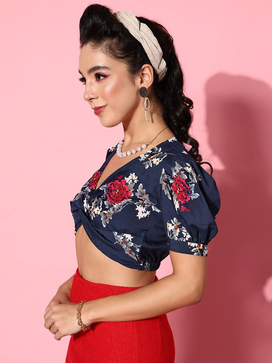 Navy Blue Floral Bustier Crop Top