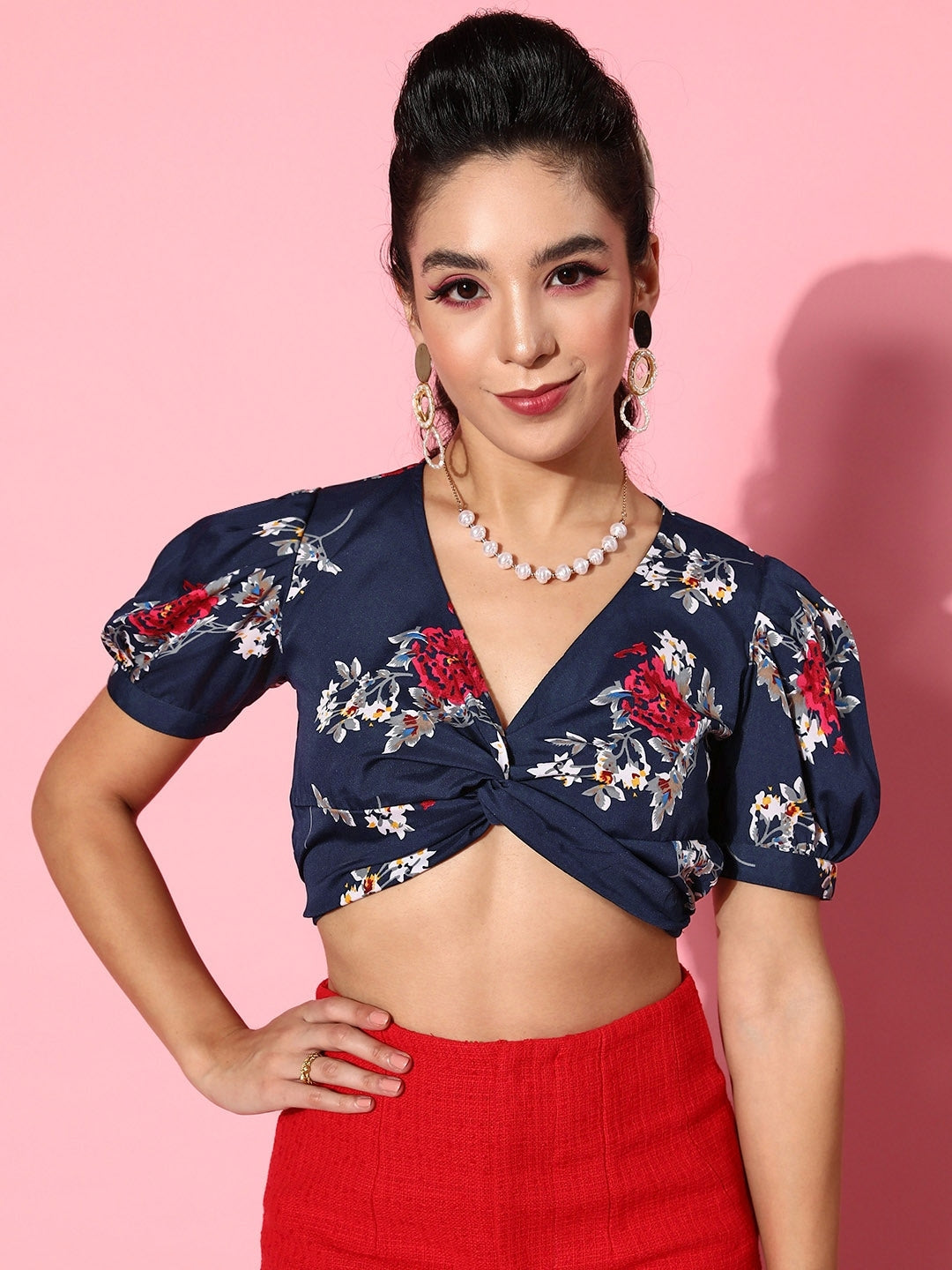 Navy Blue Floral Bustier Crop Top