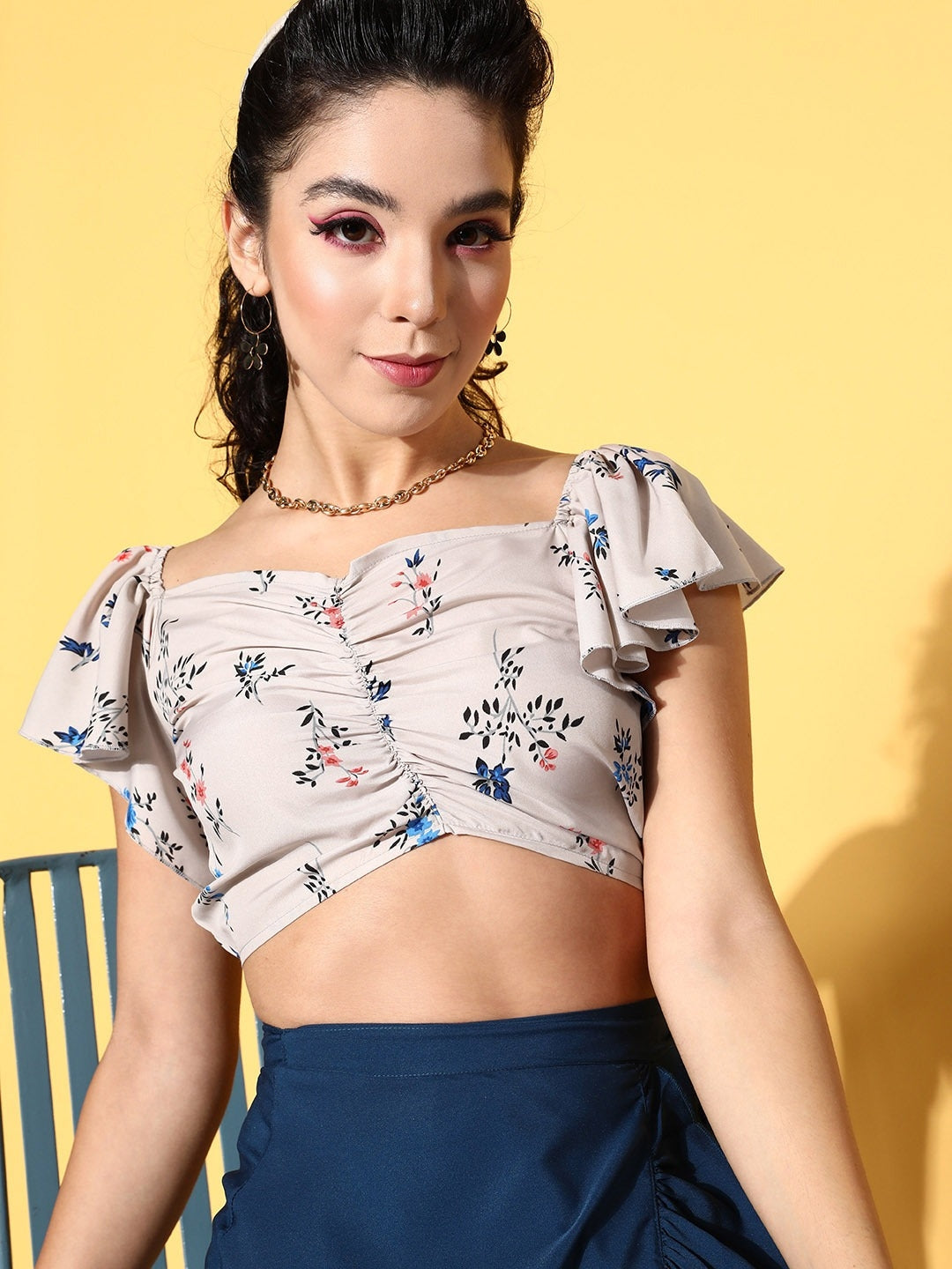 Beige Floral Bustier Crop Top