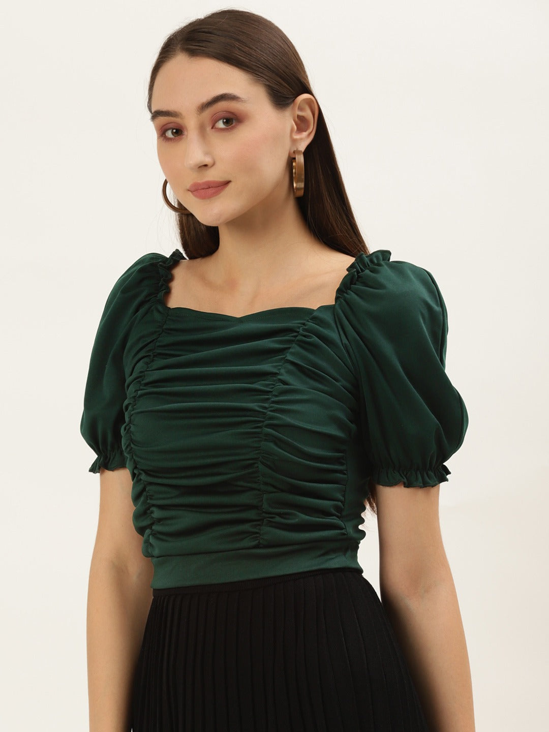 Women Green Solid Sweetheart Neck Top