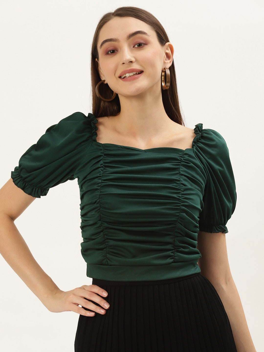 Women Green Solid Sweetheart Neck Top