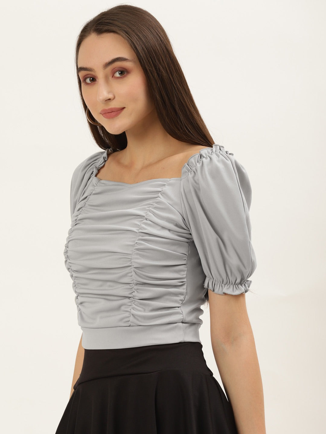 Women Grey Solid Puff Sleeves Top