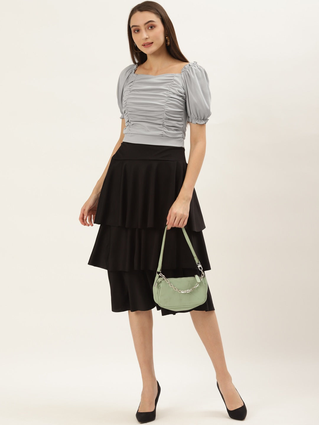 Women Grey Solid Puff Sleeves Top