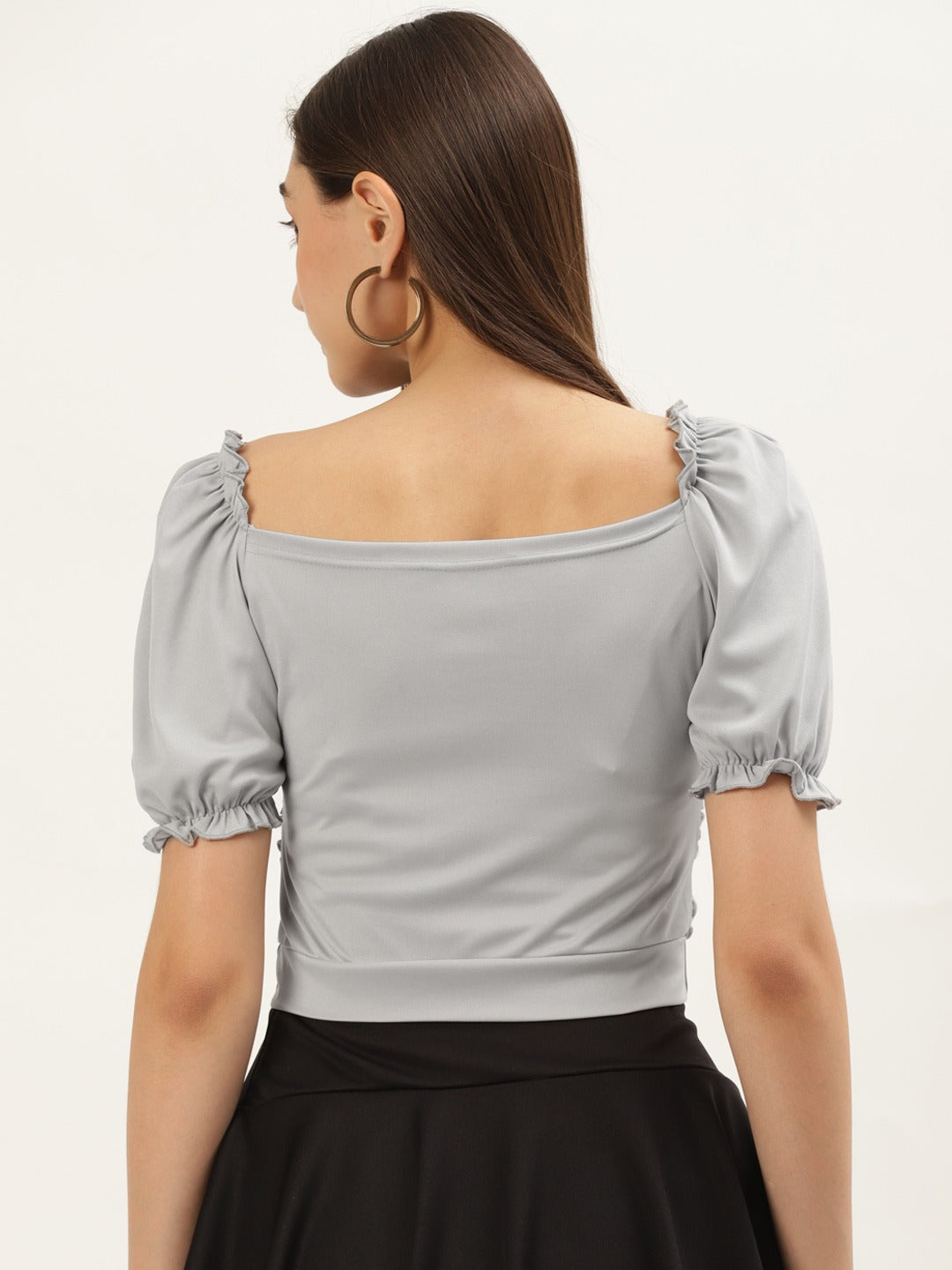 Women Grey Solid Puff Sleeves Top