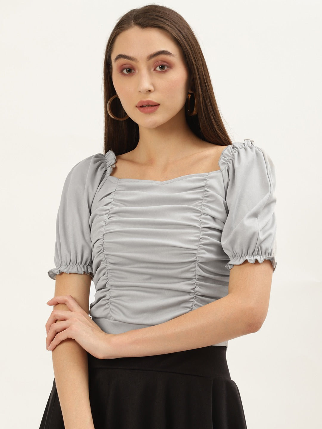 Women Grey Solid Puff Sleeves Top
