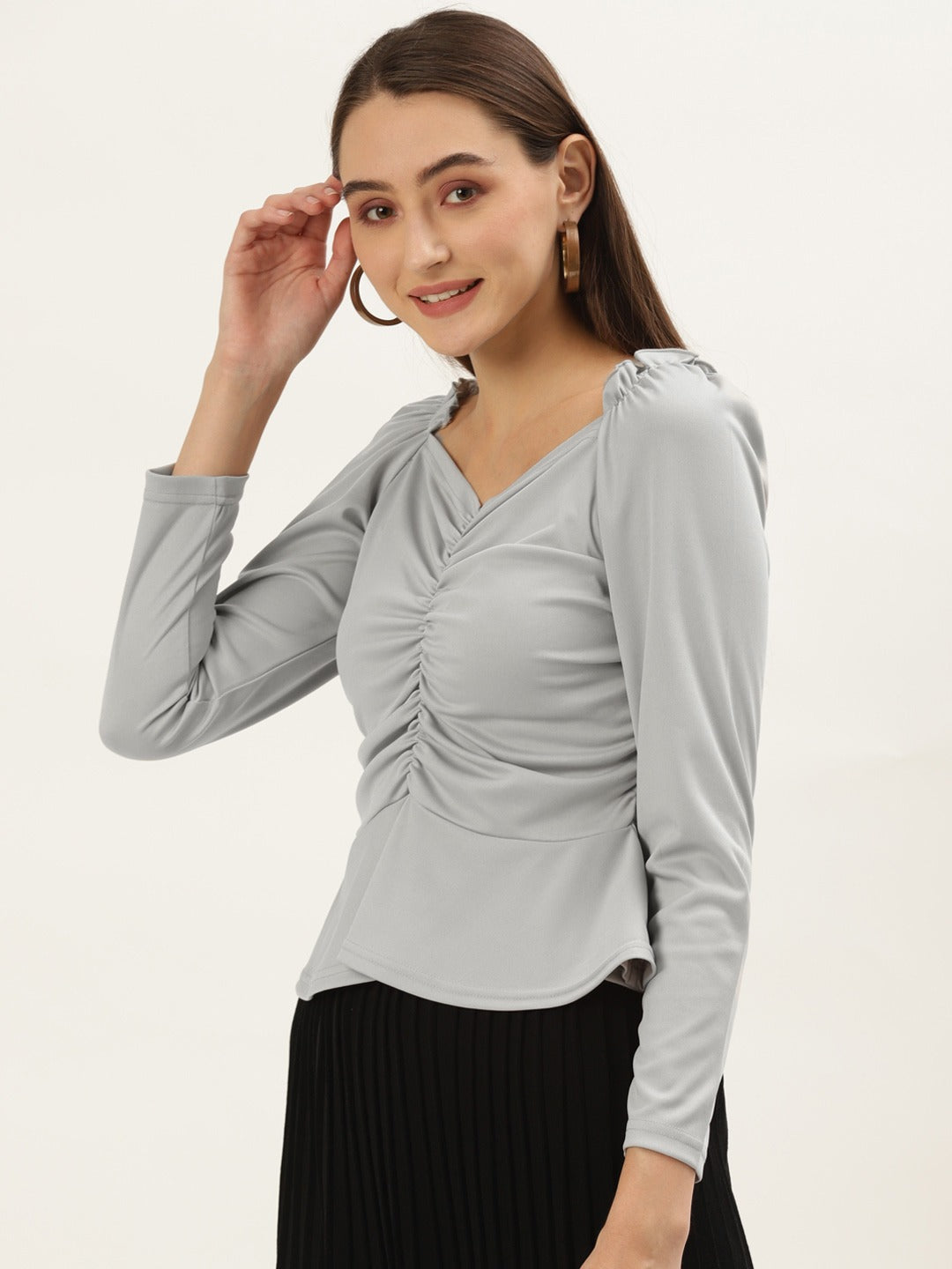 Women Grey Sweetheart Neck Peplum Top