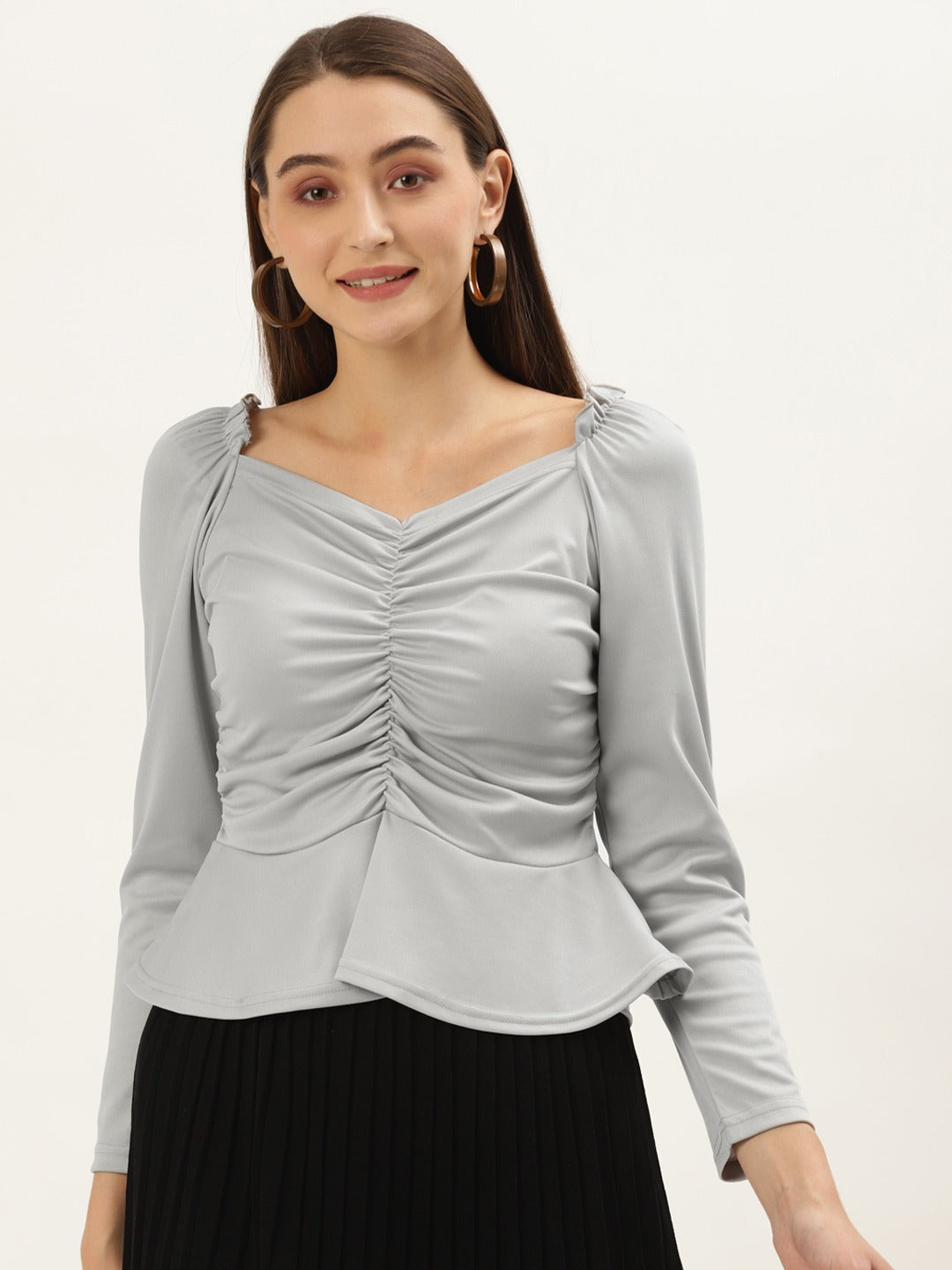 Women Grey Sweetheart Neck Peplum Top