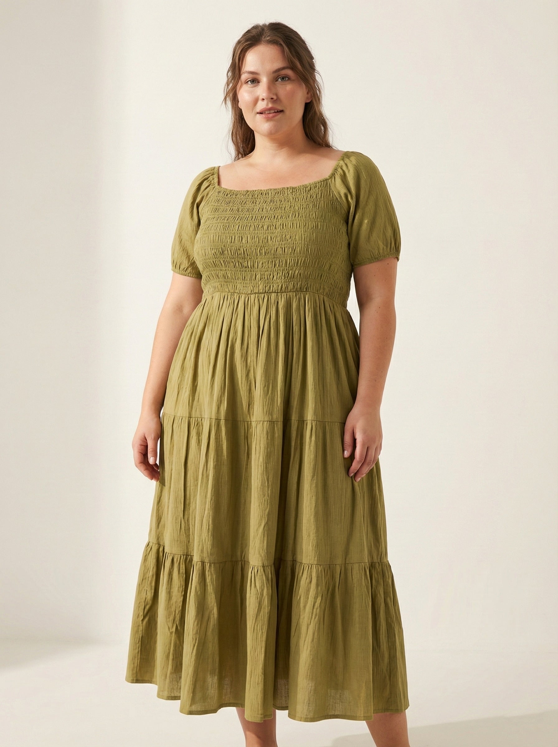 U&F Beyond Olive Green Smocked Tiered Midi Dress