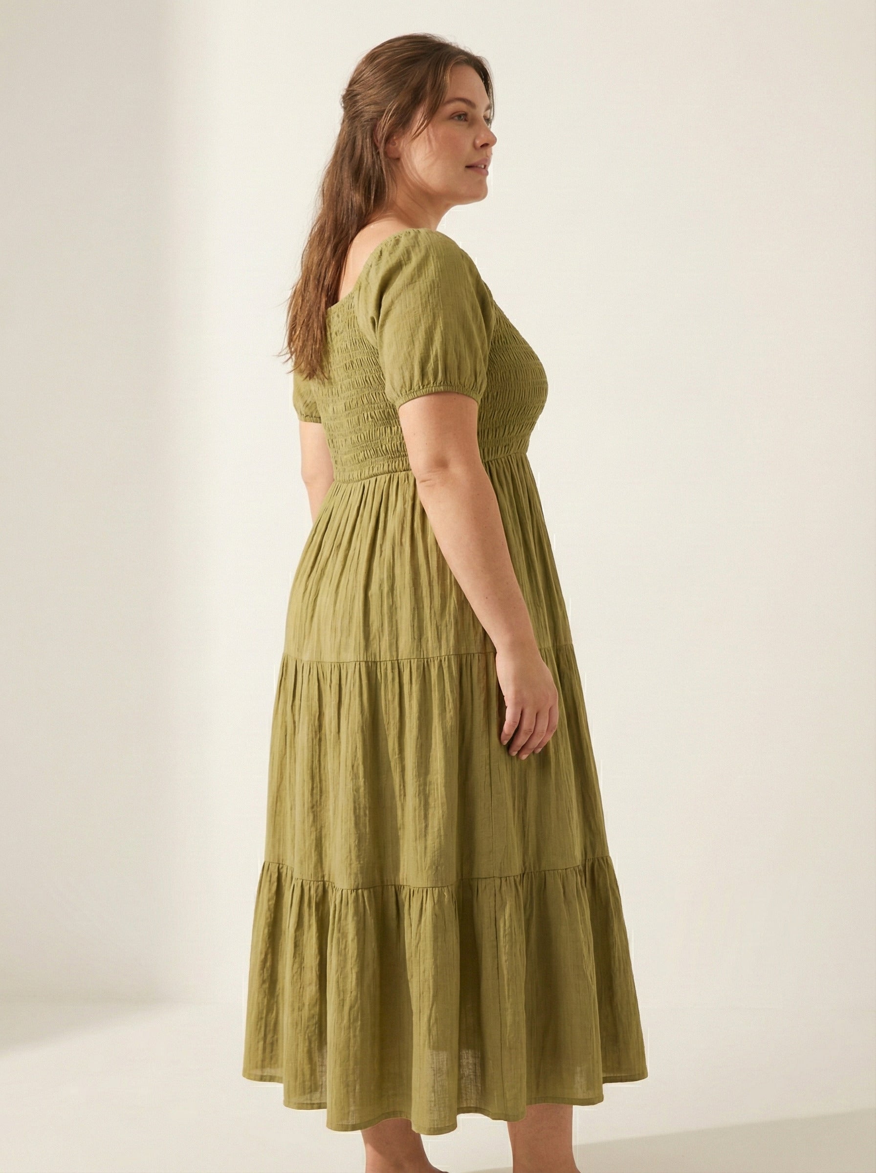 U&F Beyond Olive Green Smocked Tiered Midi Dress