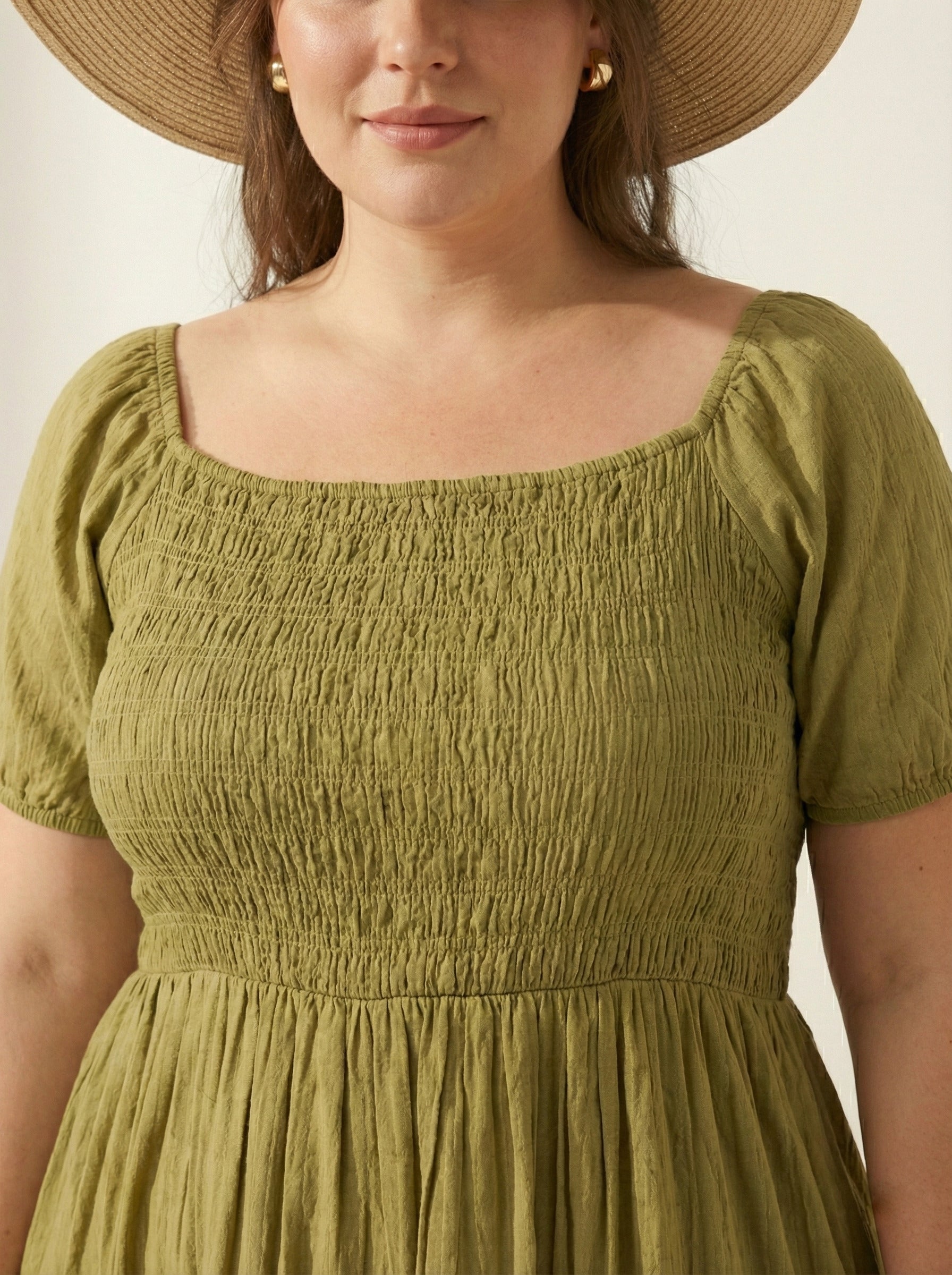 U&F Beyond Olive Green Smocked Tiered Midi Dress