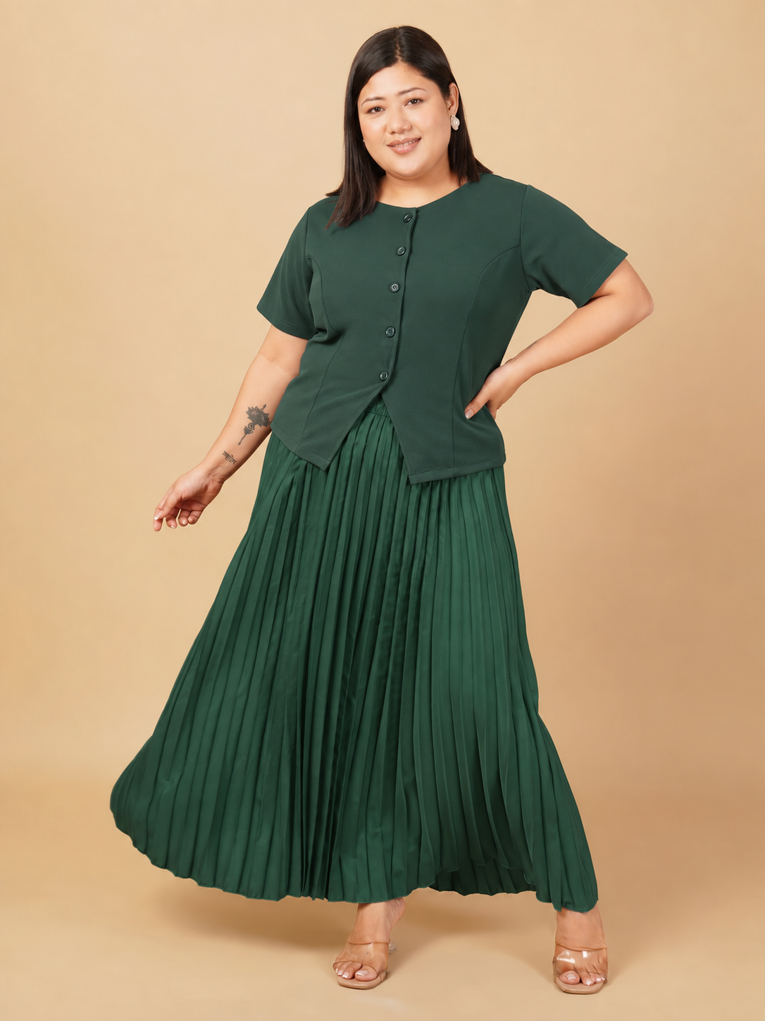 U&F Beyond Forest Green Plus Size Pleated Charm Co-ord Set