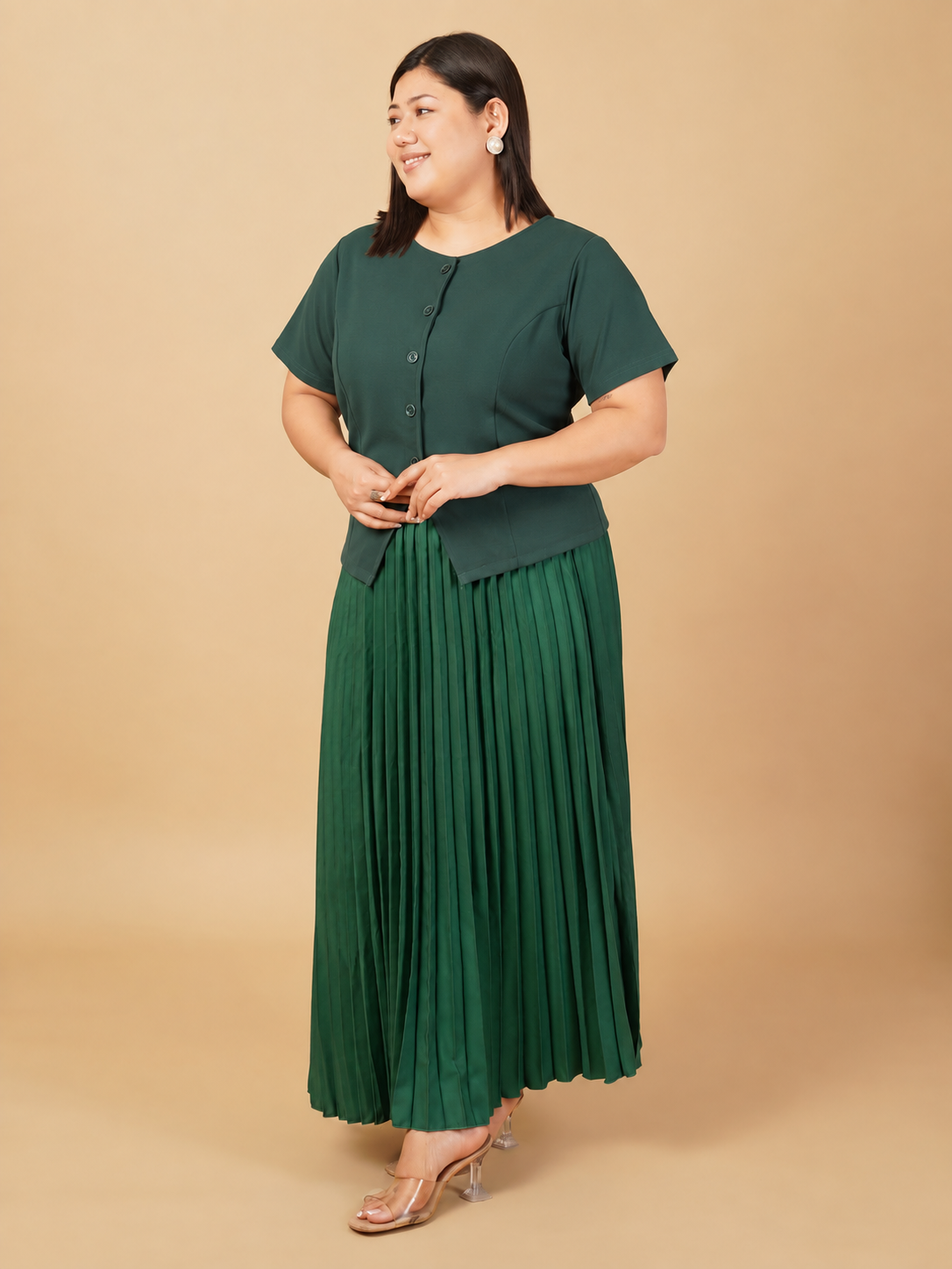 U&F Beyond Forest Green Plus Size Pleated Charm Co-ord Set